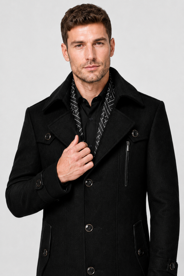 NOMU | Men's Wool Blend Military Overcoat – Tailored Button Front Coat