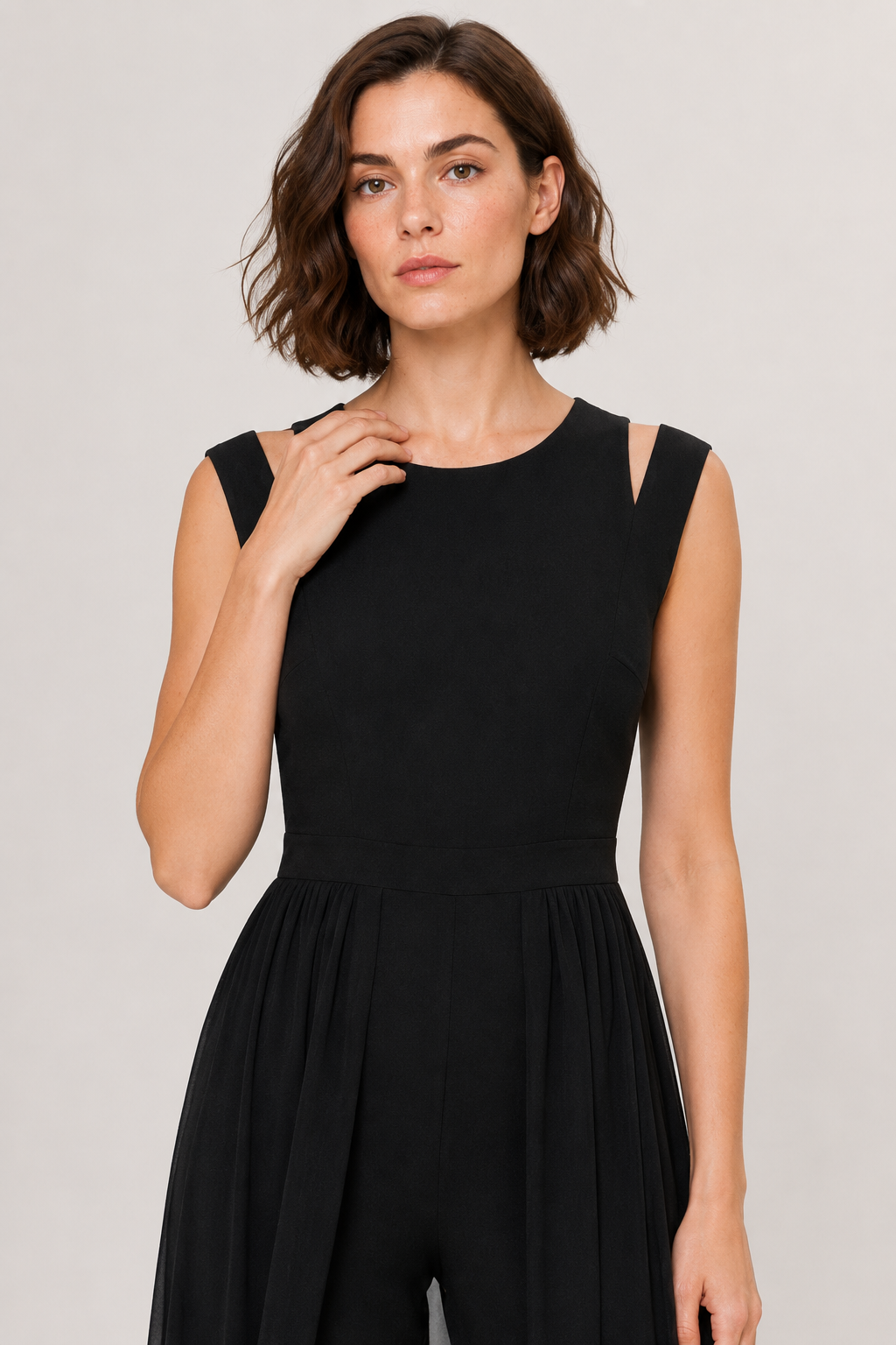 NOMU | Women's Sleeveless Wide Leg Jumpsuit – Elegant Sheer Overlay Evening Jumpsuit