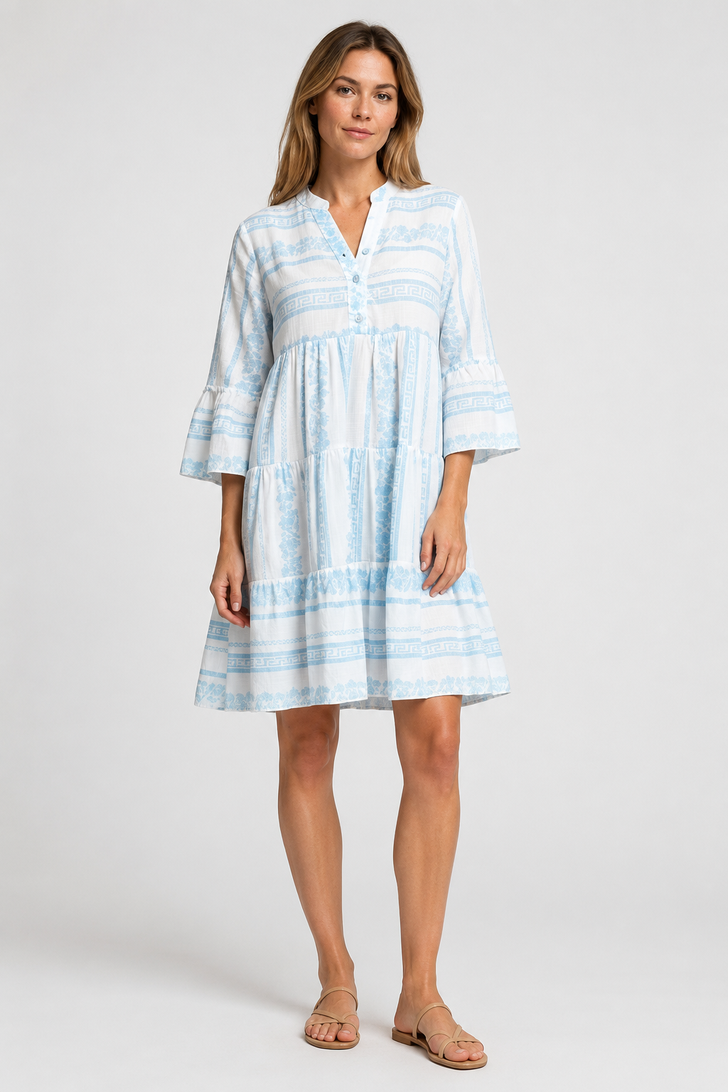 NOMU | Women's Printed Mini Dress – V Neck Button Front Tiered Loose Fit Design