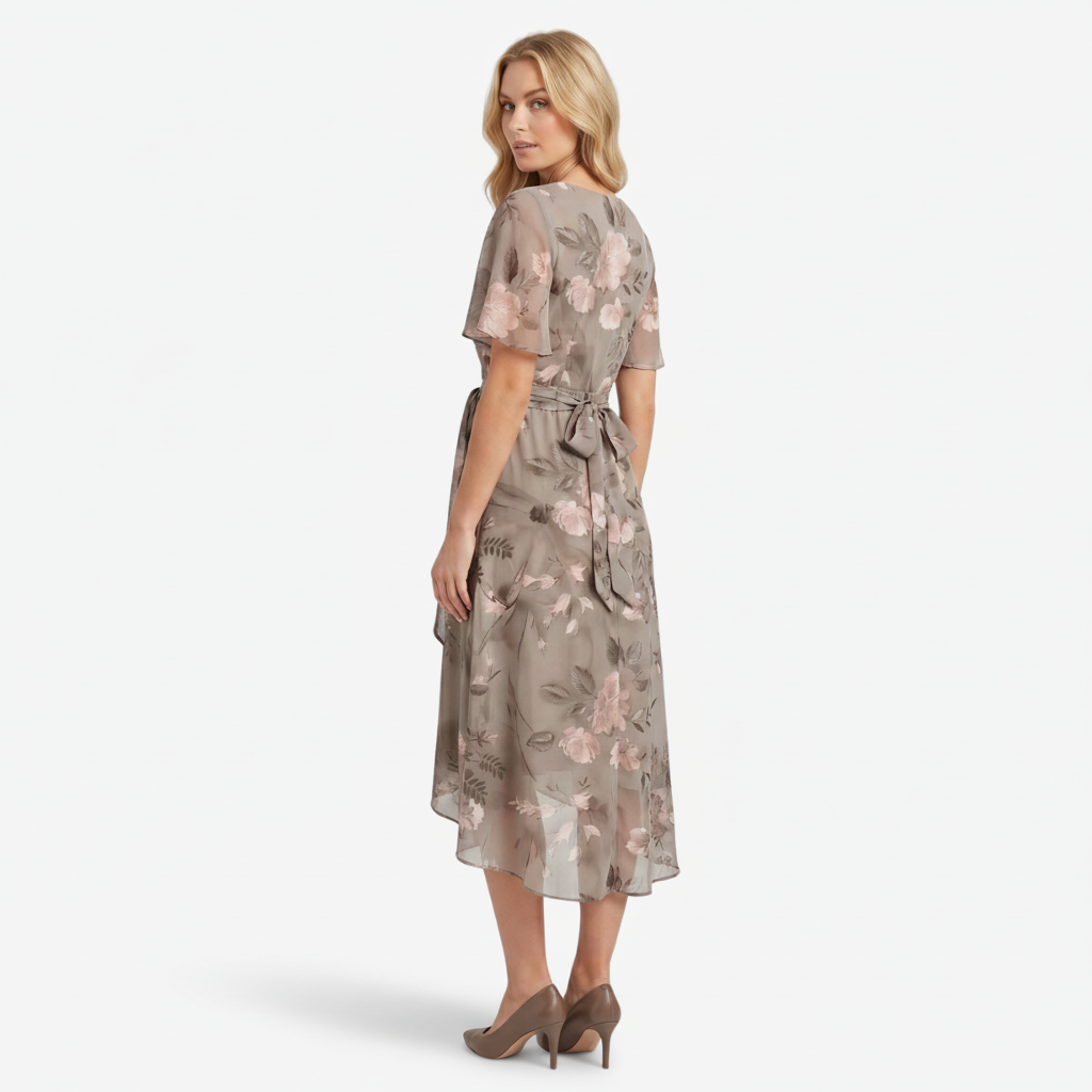 NOMU | Women's Floral Midi Dress – V Neck Flutter Sleeve Tie Waist Wrap Design