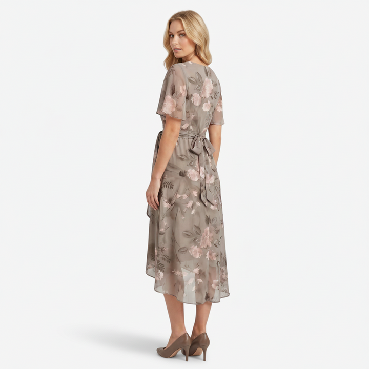 NOMU | Women's Floral Midi Dress – V Neck Flutter Sleeve Tie Waist Wrap Design