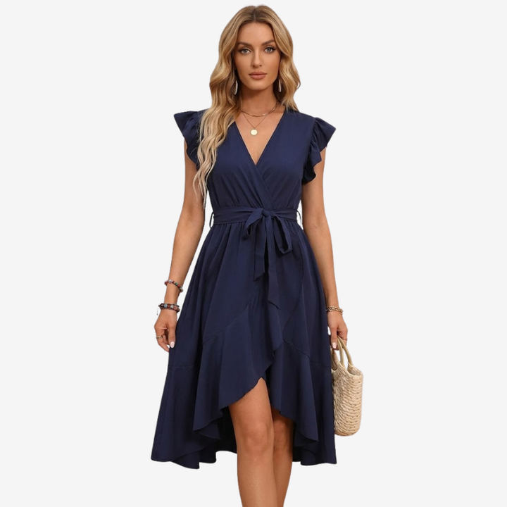 NOMU | Women's Printed High-Low Wrap Dress – Elegant Ruffle Sleeve Midi Dress