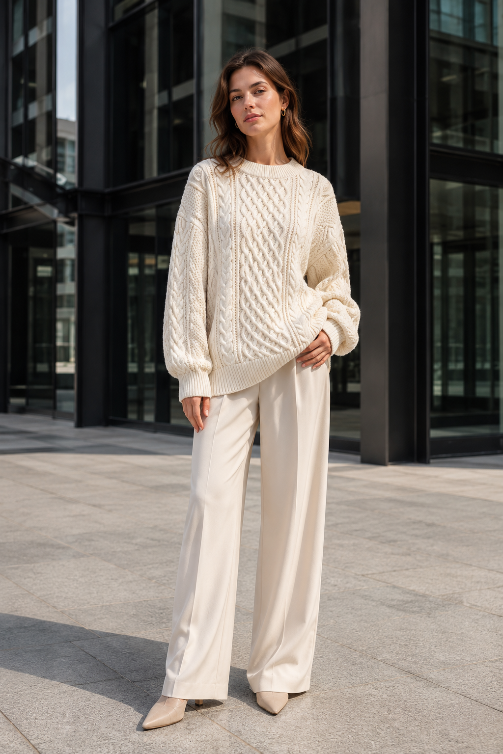 NOMU | Women's Cable Knit Sweater – Textured Crew Neck Relaxed Design