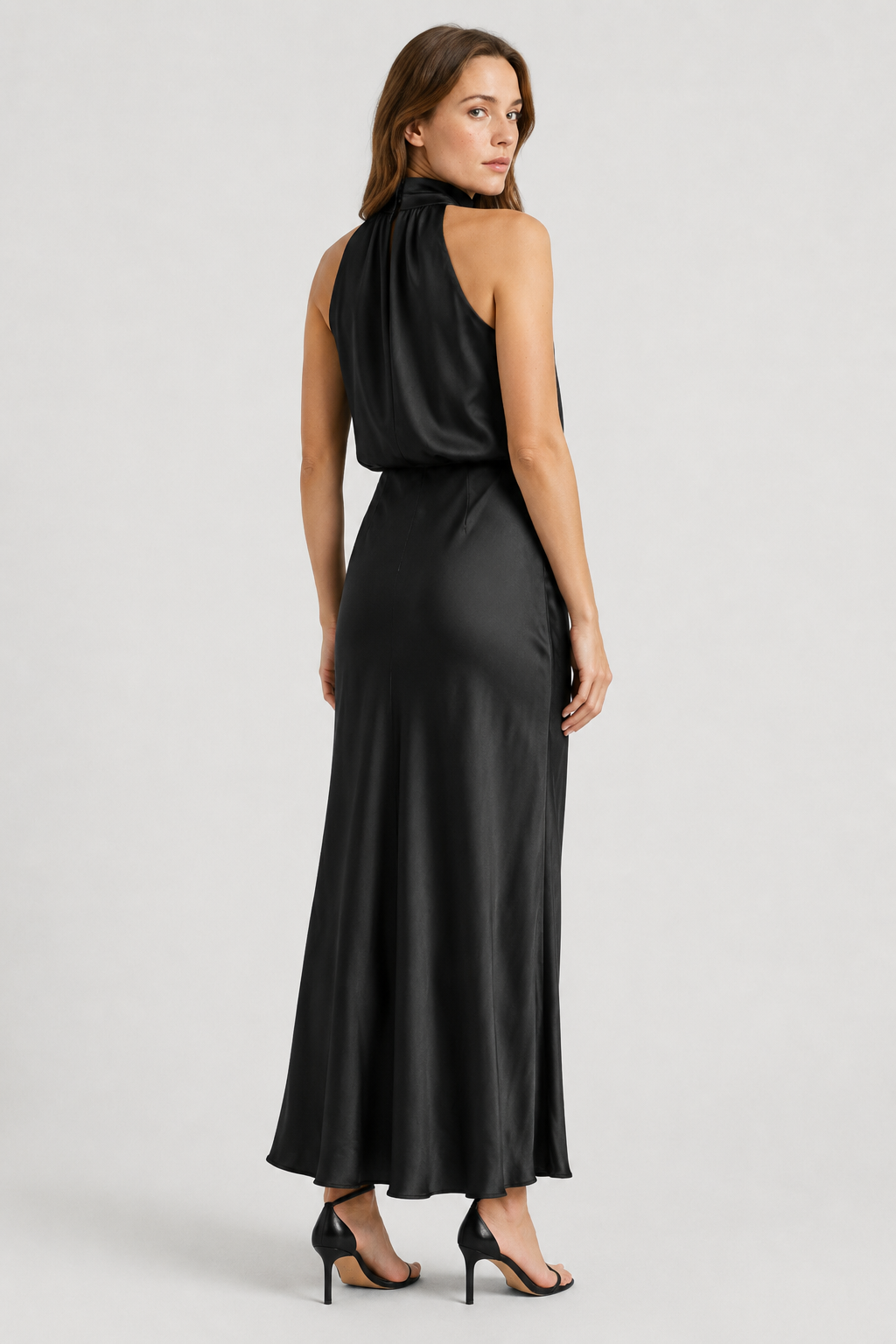 NOMU | Women's Satin High Neck Midi Dress – Elegant Sleeveless Evening Slip Dress