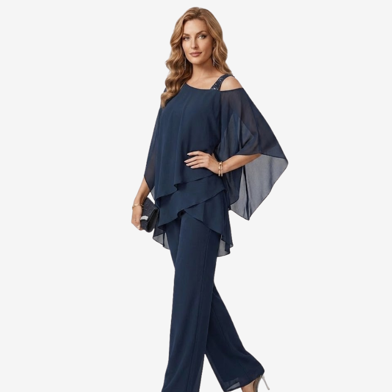 NOMU | Women's Elegant Chiffon Overlay Pant Set – Flowing Evening Two-Piece Outfit