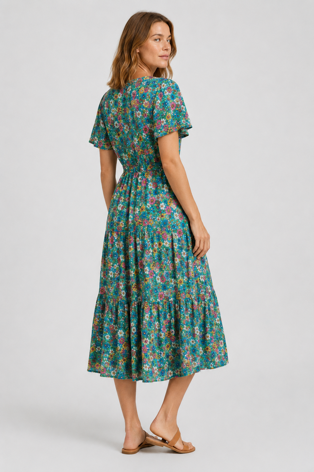 NOMU | Women's Floral Midi Dress – V Neck Short Sleeve Tie Waist Design