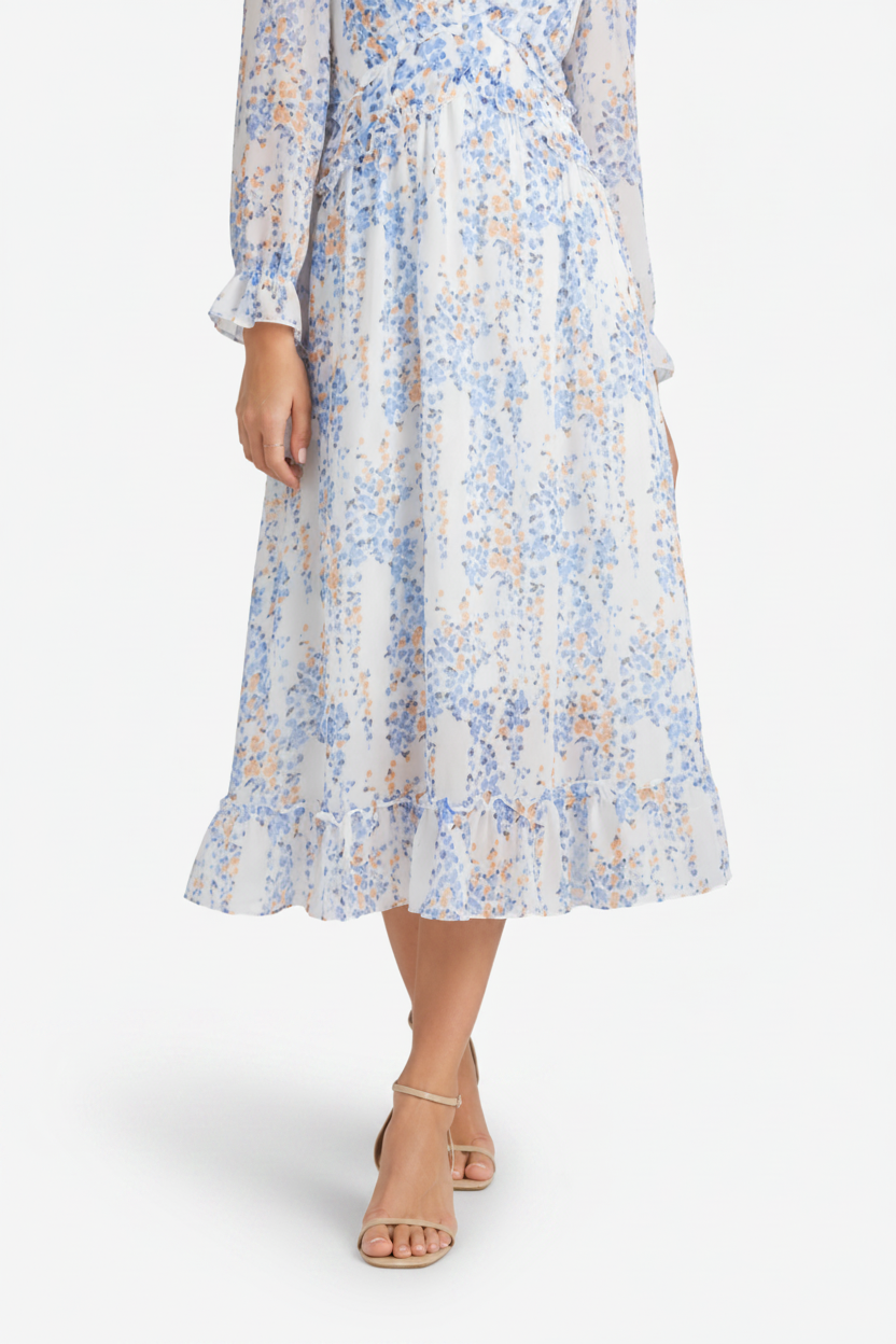 NOMU | Women's Floral Midi Dress – V Neck Long Sleeve Ruffle Trim Design