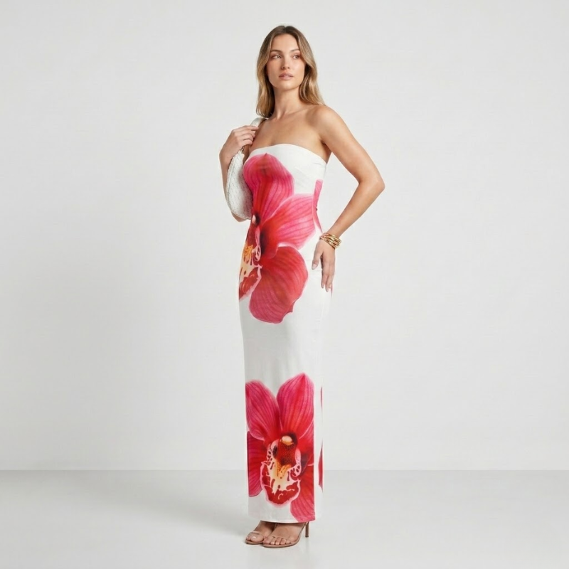 NOMU | Women's Strapless Maxi Dress – Floral Print Bodycon Fitted Design