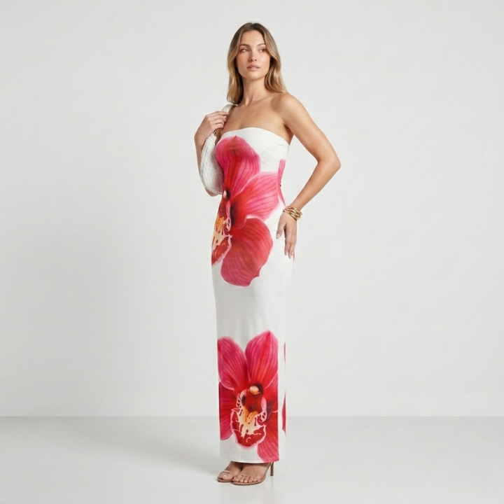 NOMU | Women's Strapless Maxi Dress – Floral Print Bodycon Fitted Design