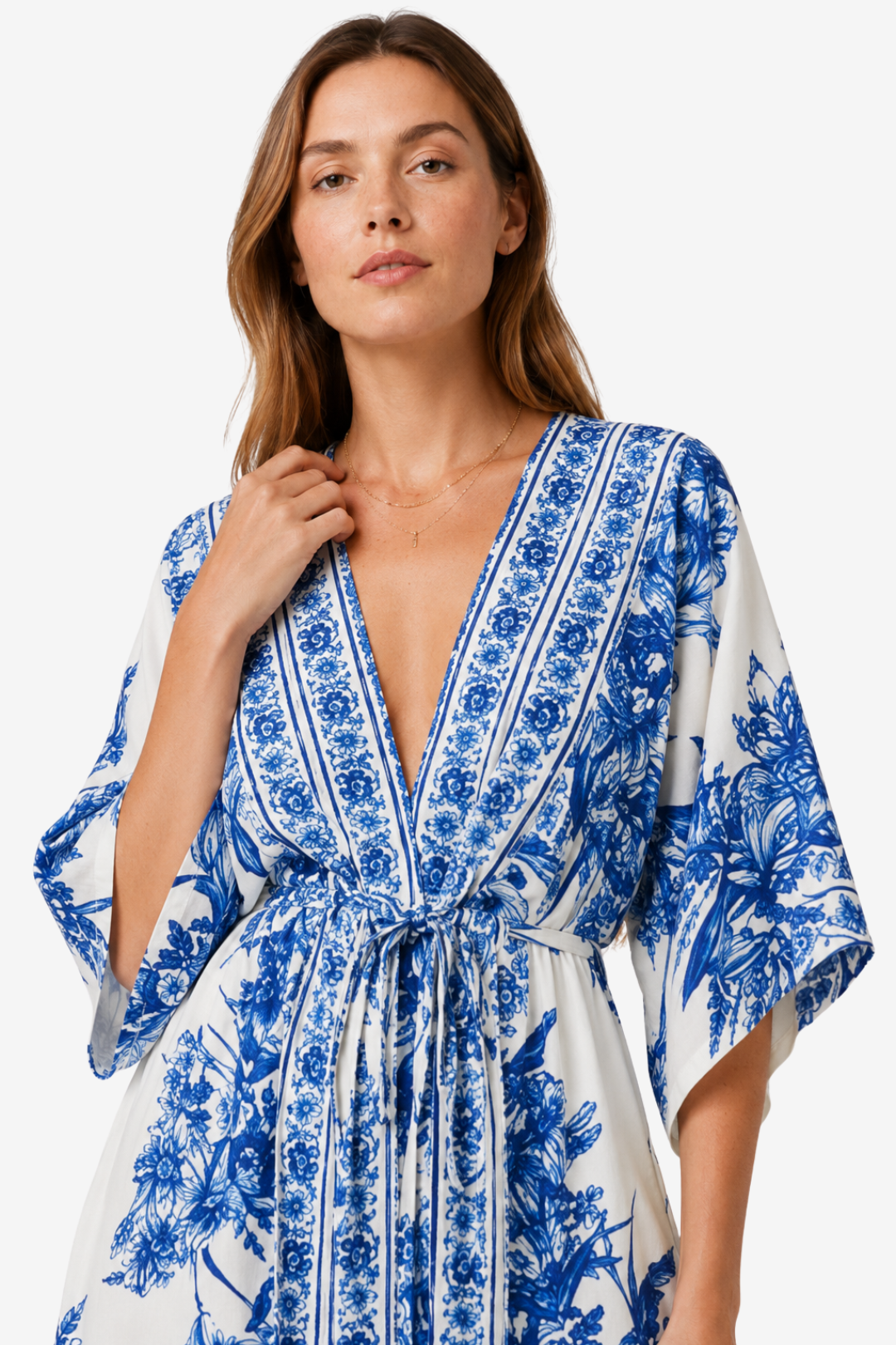 NOMU | Women's Printed Maxi Dress – V Neck Kimono Sleeve Tie Waist Relaxed Design