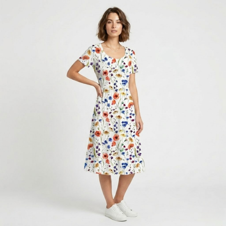NOMU | Women's Floral Print Midi Dress – Short Sleeve Relaxed Fit