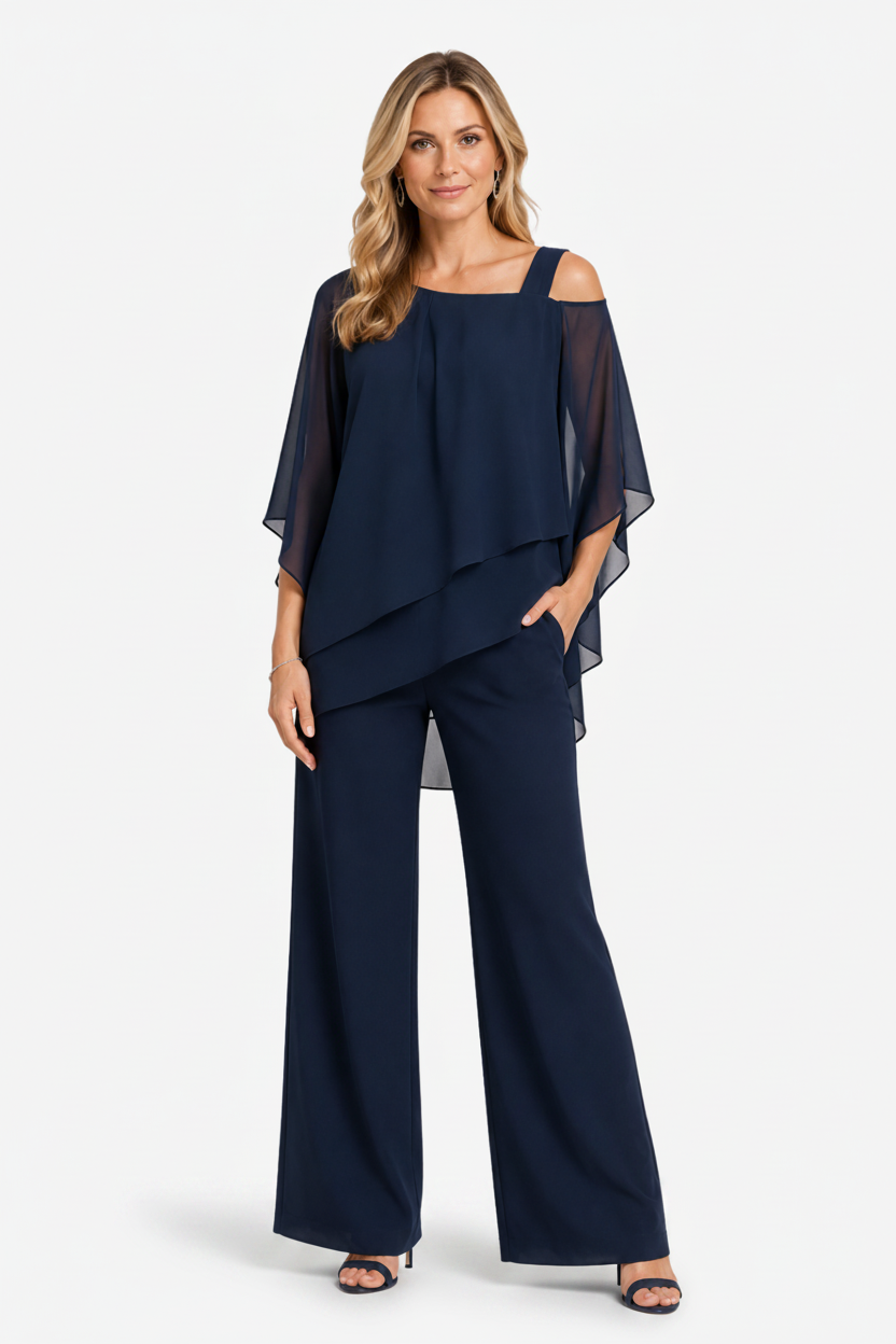 NOMU | Women's Two Piece Set – Asymmetric Layered Top Wide Leg Trousers Design