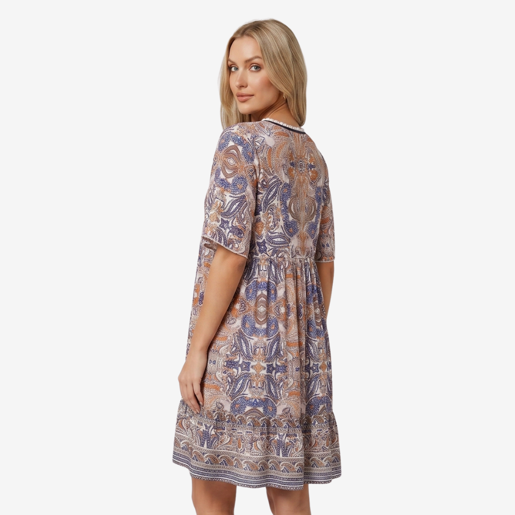 NOMU | Women's Printed Mini Dress – V Neck Short Sleeve Loose Fit Design