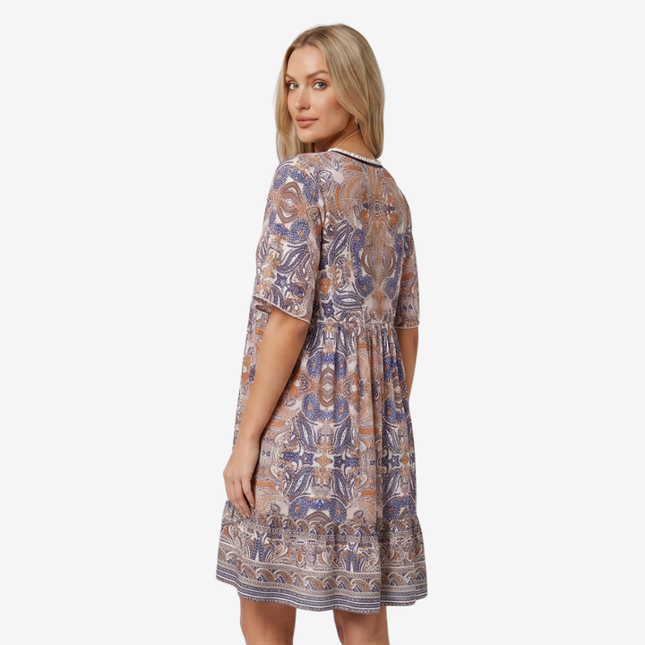 NOMU | Women's Printed Mini Dress – V Neck Short Sleeve Loose Fit Design