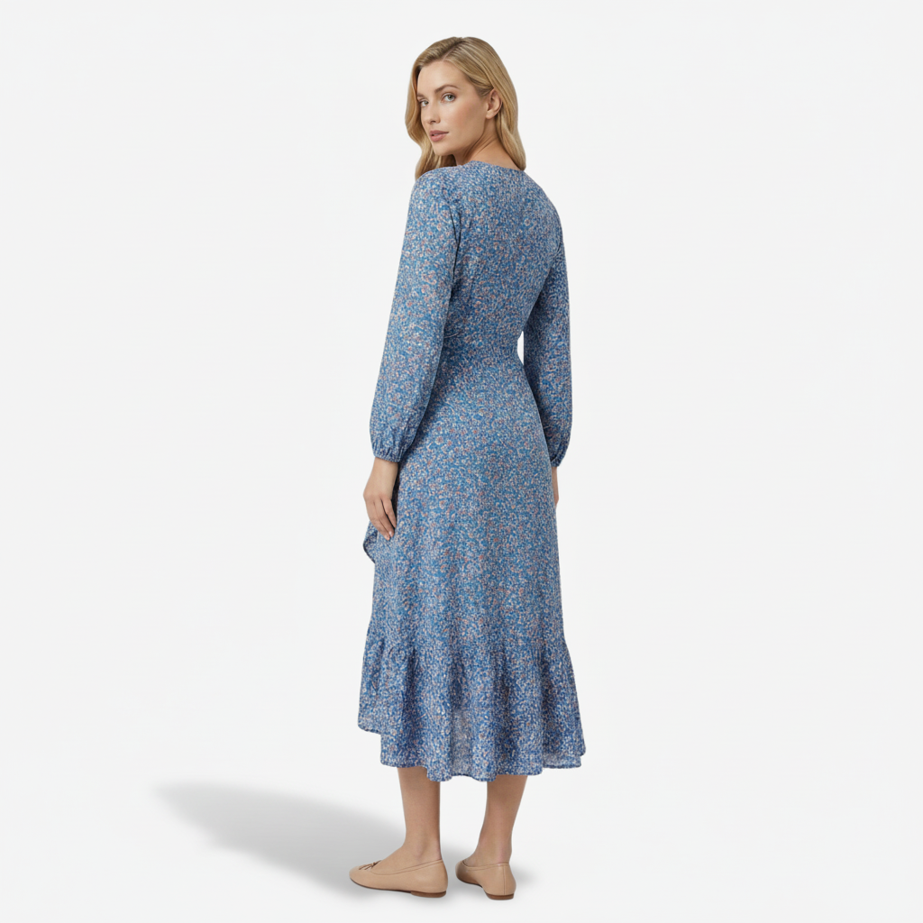 NOMU | Women's Floral Wrap Midi Dress – Long Sleeve Tie Waist Ruffle Hem Design