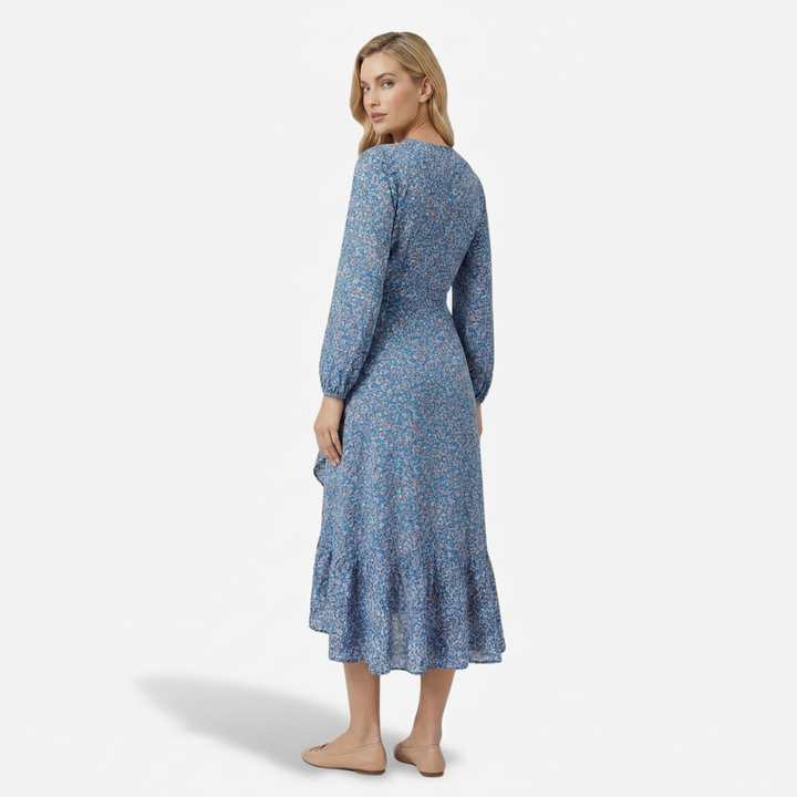 NOMU | Women's Floral Wrap Midi Dress – Long Sleeve Tie Waist Ruffle Hem Design