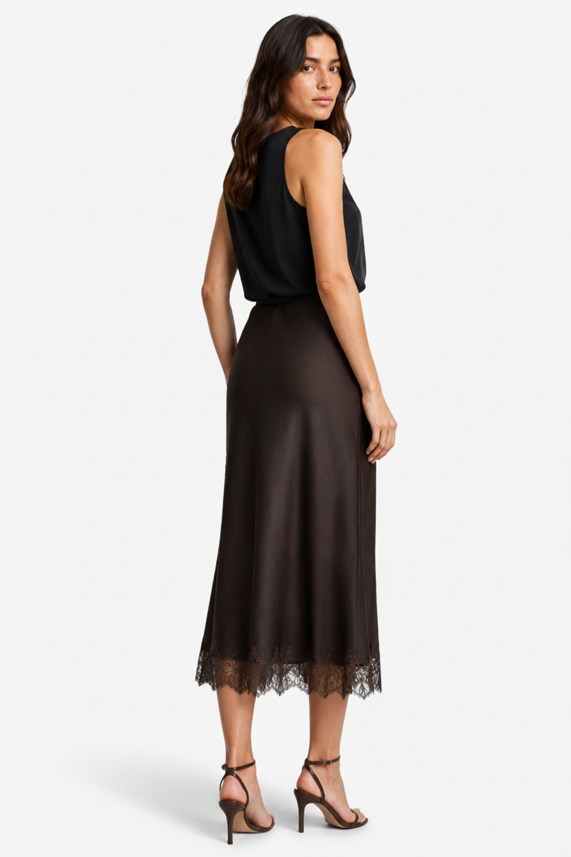 NOMU | Women's Satin Midi Skirt – Elegant Lace Trim Slip Skirt