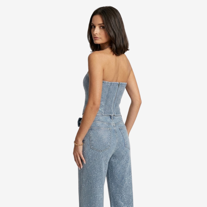 NOMU | Women's Rhinestone Denim Corset & Wide-Leg Jeans Set – Glam Strapless Co-Ord Outfit