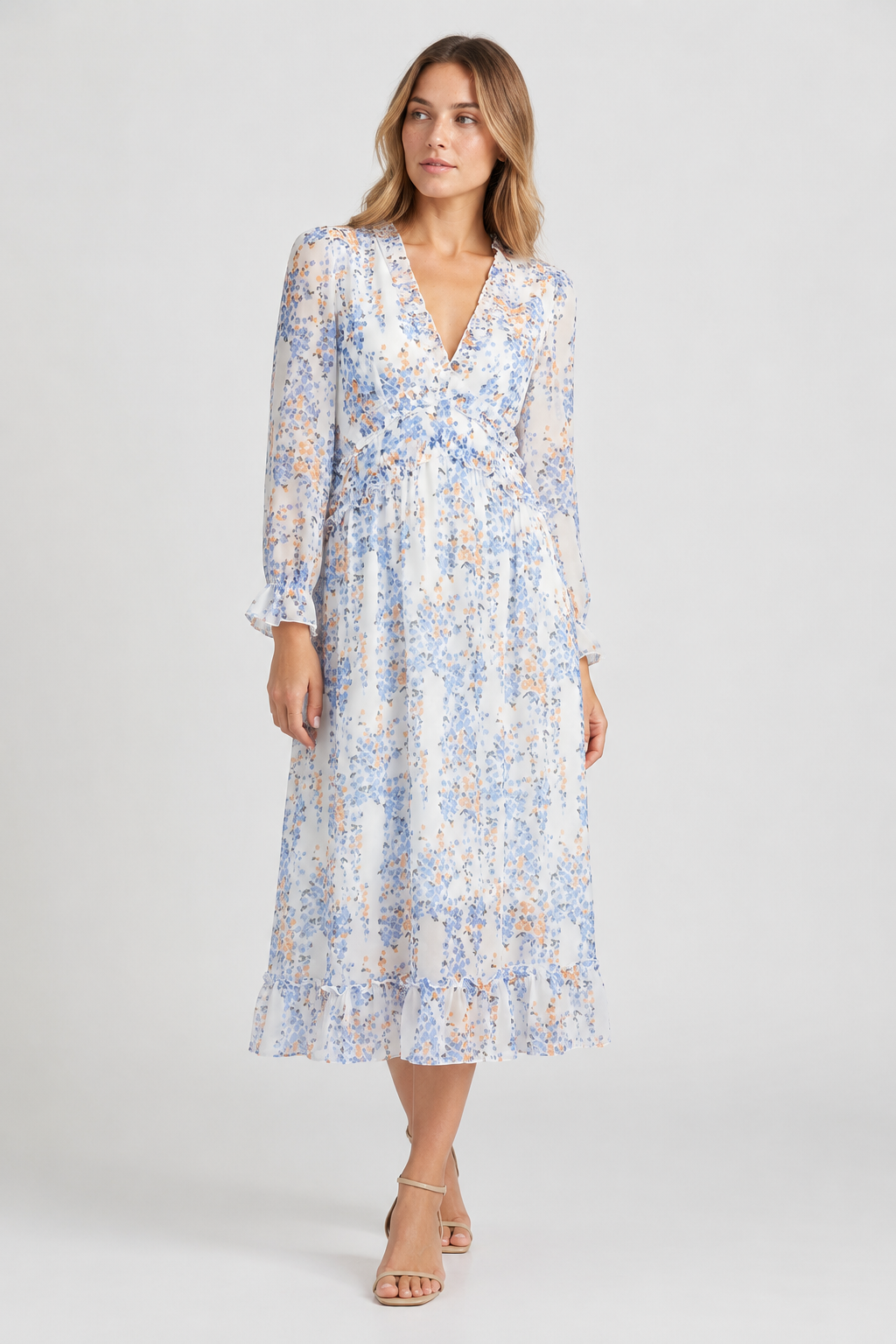 NOMU | Women's Floral Midi Dress – V Neck Long Sleeve Ruffle Trim Design