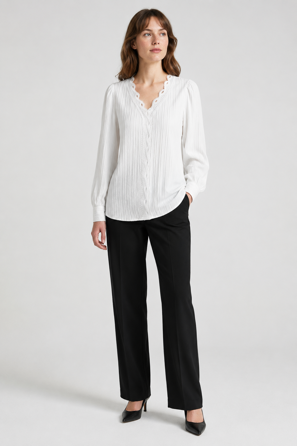 NOMU | Women's Lace Trim Pleated Blouse – Elegant V-Neck Long Sleeve Top