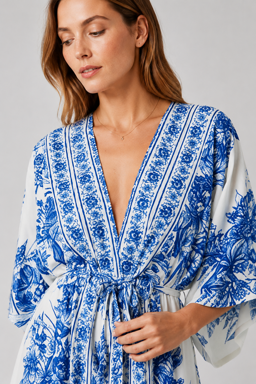 NOMU | Women's Printed Maxi Dress – V Neck Kimono Sleeve Tie Waist Relaxed Design