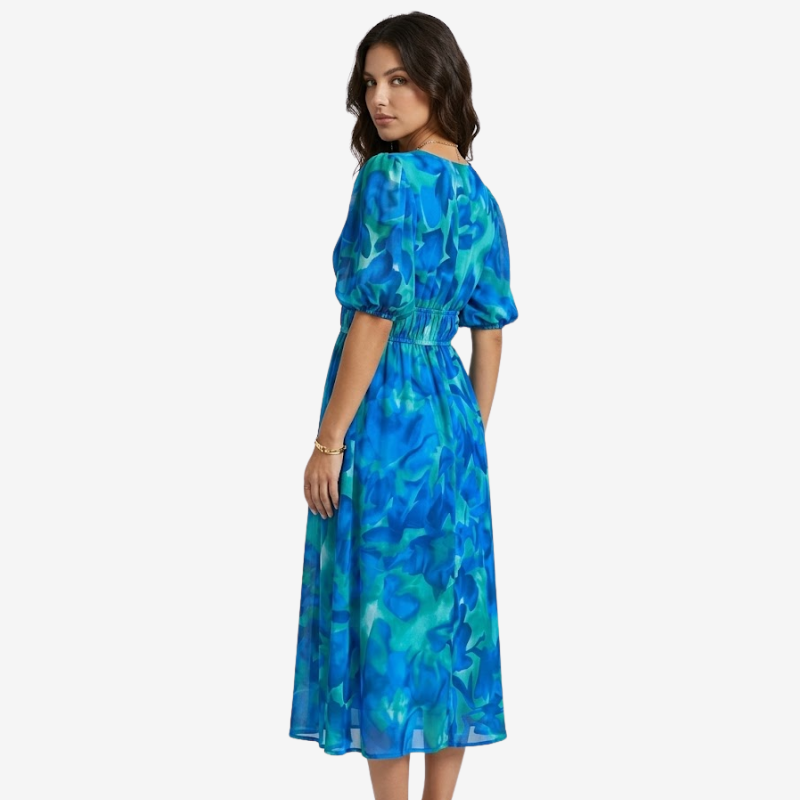 NOMU | Women's Floral V-Neck Midi Dress – Elegant Puff Sleeve Flowing Dress