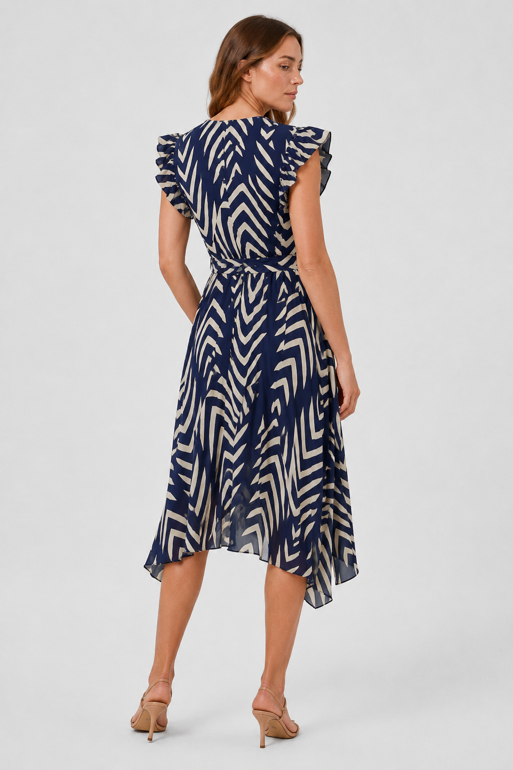 NOMU | Women's Printed High-Low Wrap Dress – Elegant Ruffle Sleeve Midi Dress
