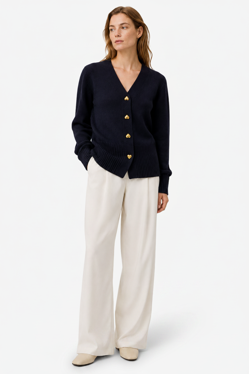 NOMU | Women's V-Neck Knit Cardigan – Heart Button Front Relaxed Design