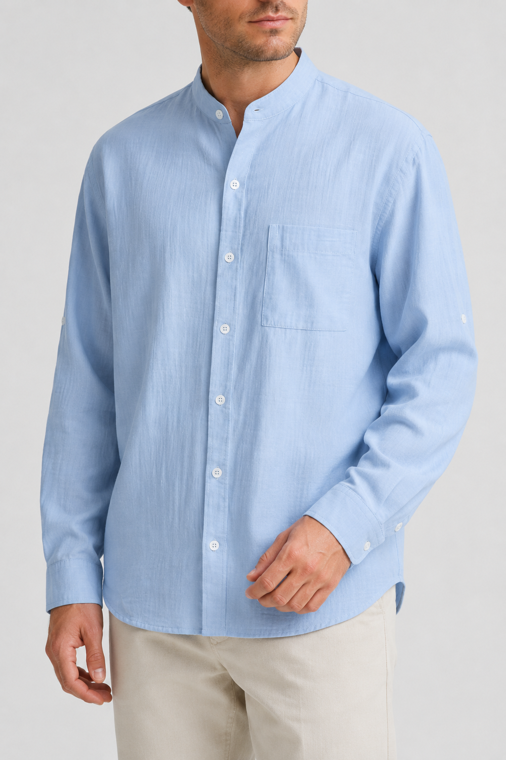 NOMU | Men's Cotton Linen Shirt – Long Sleeve Mandarin Collar Design