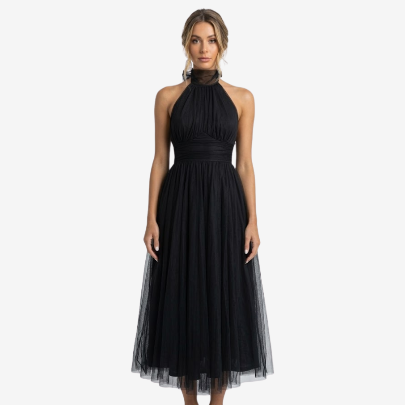 NOMU | Women's Halter Neck Tulle Midi Dress – Elegant Sleeveless Princess Party Dress