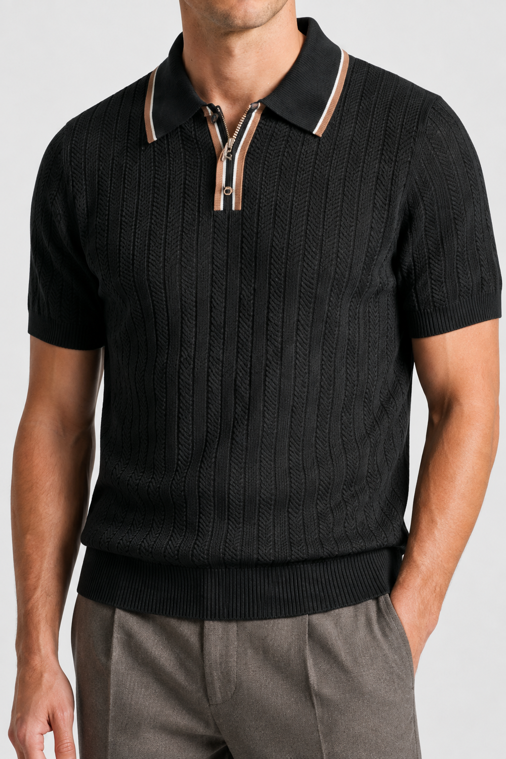 NOMU | Men’s Contrast Trim Ribbed Knit Polo Shirt