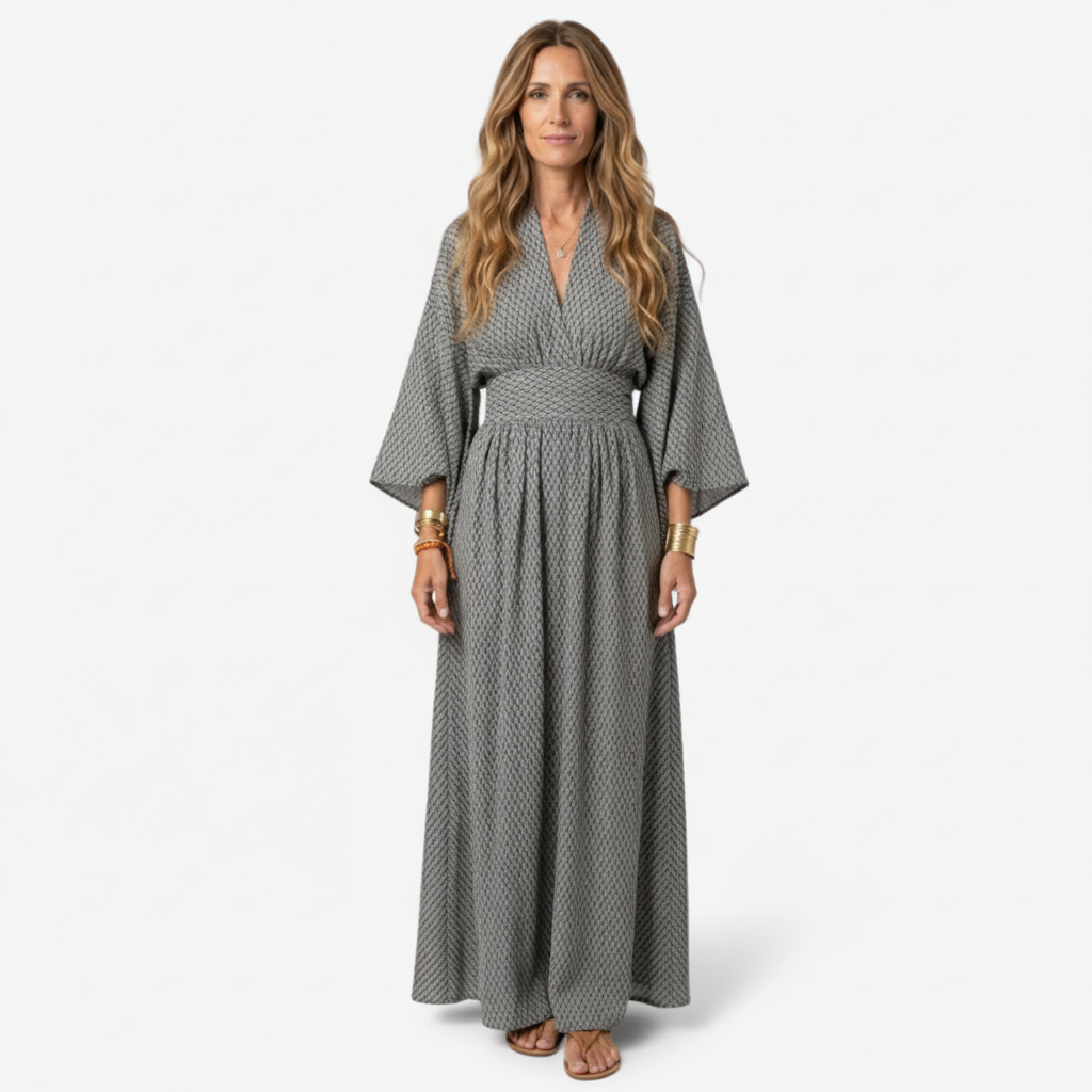 NOMU | Women's Printed Empire Waist Maxi Dress – Elegant Long Sleeve Boho Dress