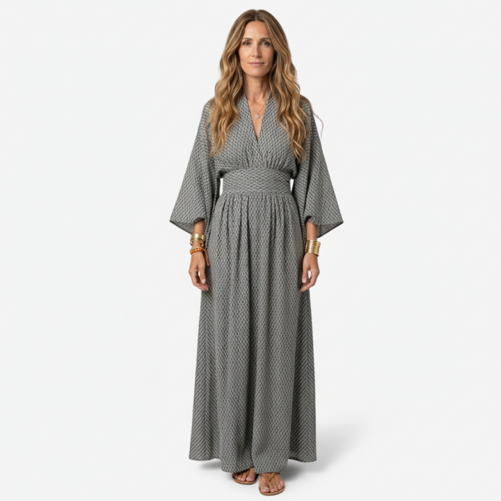 NOMU | Women's Printed Empire Waist Maxi Dress – Elegant Long Sleeve Boho Dress