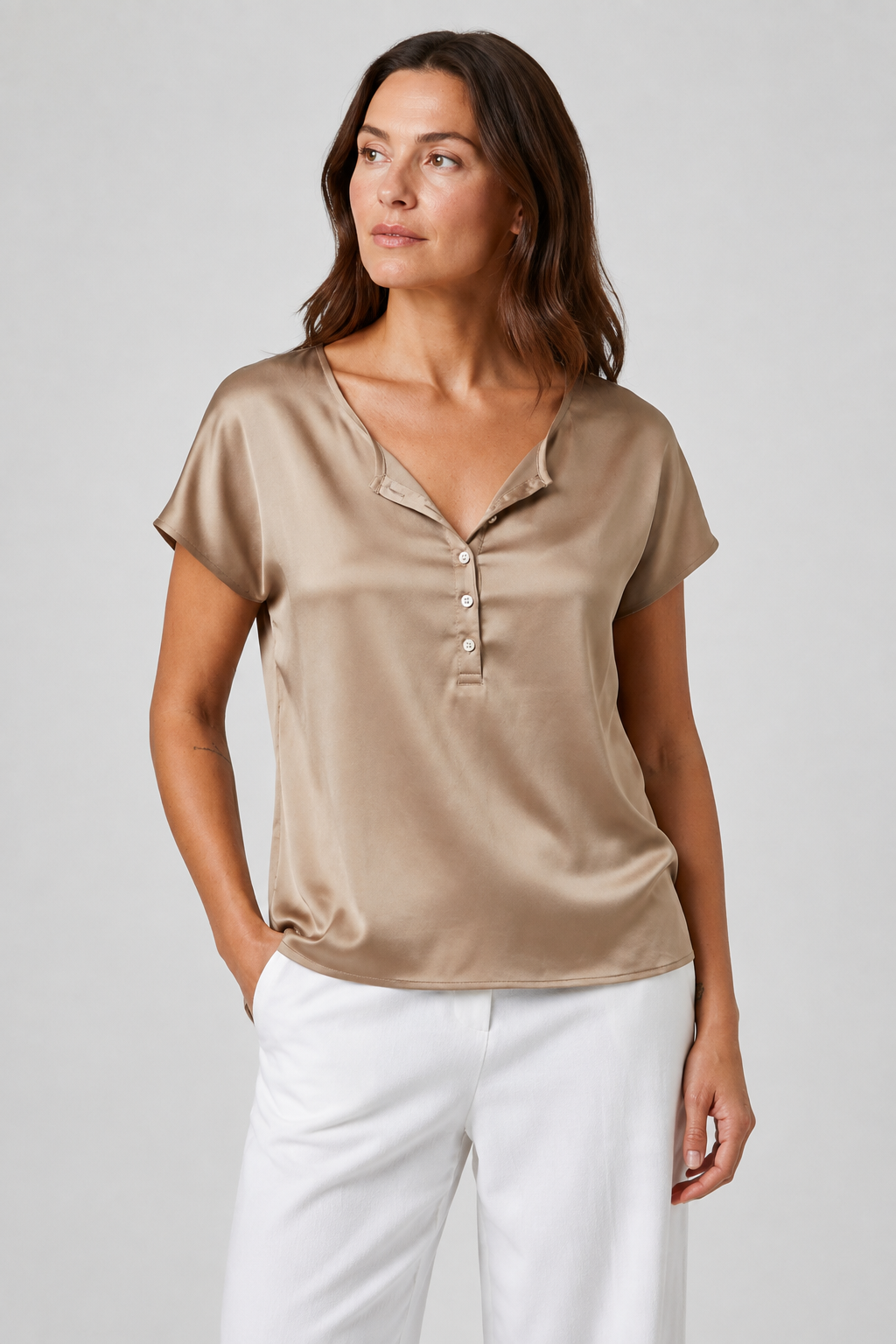 NOMU | Women’s V-Neck Button Detail Short Sleeve Blouse