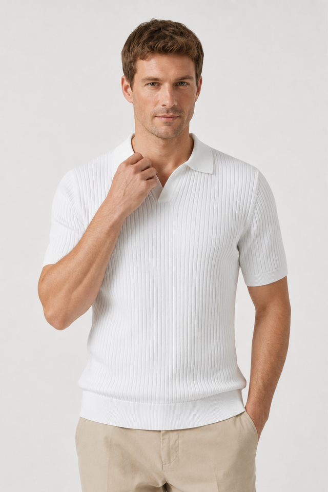 NOMU | Men's Ribbed Knit Polo Shirt – Modern Smart Casual Short Sleeve Top