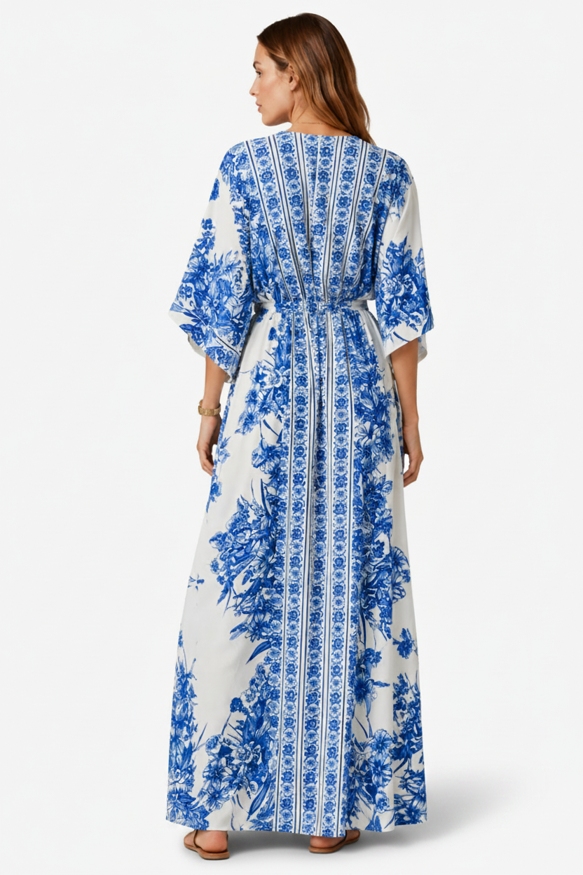 NOMU | Women's Printed Maxi Dress – V Neck Kimono Sleeve Tie Waist Relaxed Design