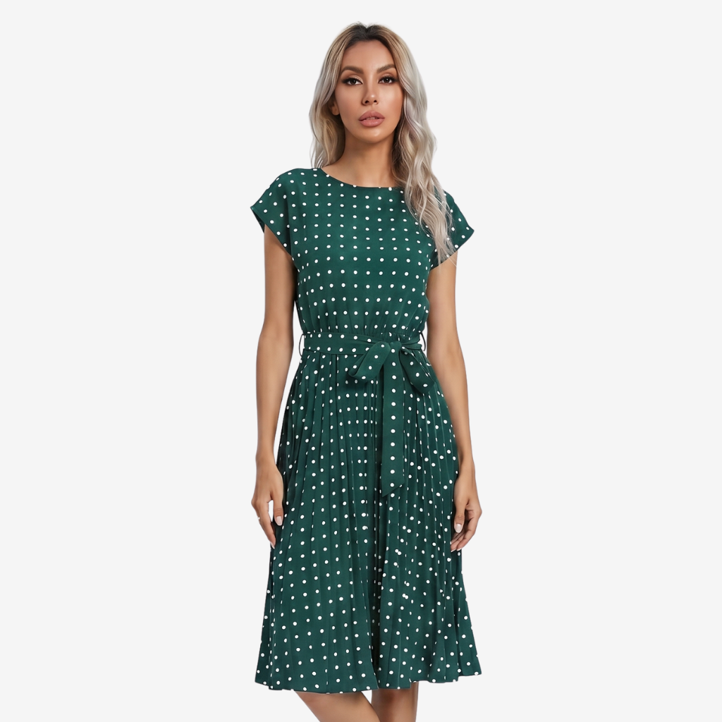 NOMU | Women's Polka Dot Midi Dress – Short Sleeve Tie Waist Pleated Design