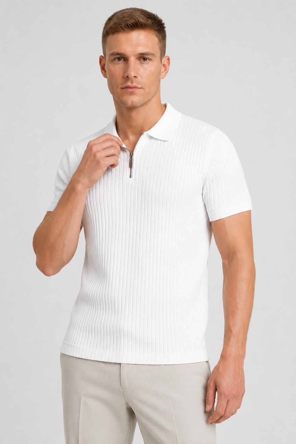 NOMU | Men's Ribbed Knit Polo Shirt – Zip Collar Slim Fit Design