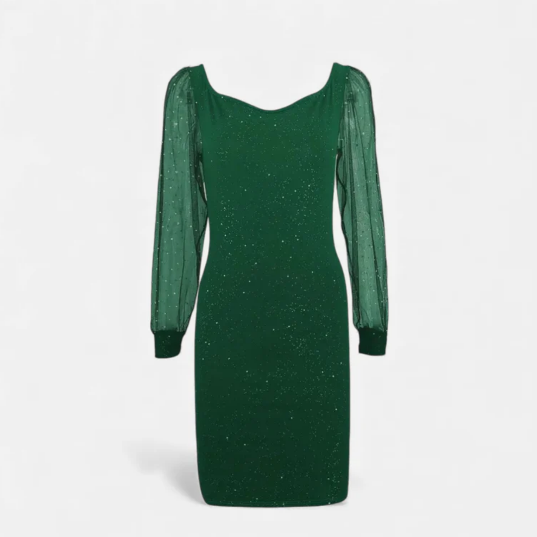 NOMU | Women's Glitter Mesh Sleeve Midi Dress – Elegant Sparkly Evening Party Dress