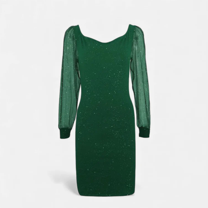 NOMU | Women's Glitter Mesh Sleeve Midi Dress – Elegant Sparkly Evening Party Dress