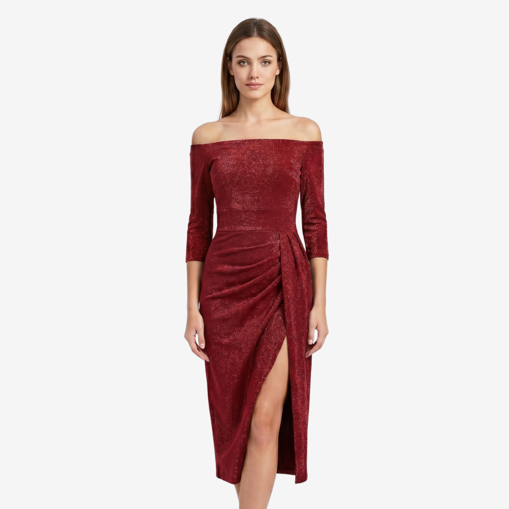NOMU | Women's Off Shoulder Midi Dress – Long Sleeve Side Slit Fitted Design