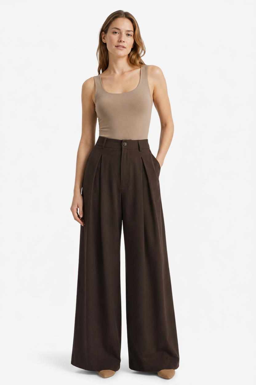 NOMU | Women's High-Waisted Wide Leg Trousers – Elegant Pleated Palazzo Pants