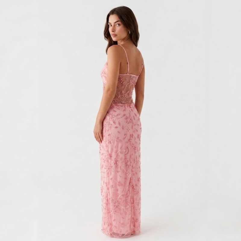 NOMU | Women's Embroidered Maxi Dress – Sleeveless Mesh Cut-Out Bodycon Design