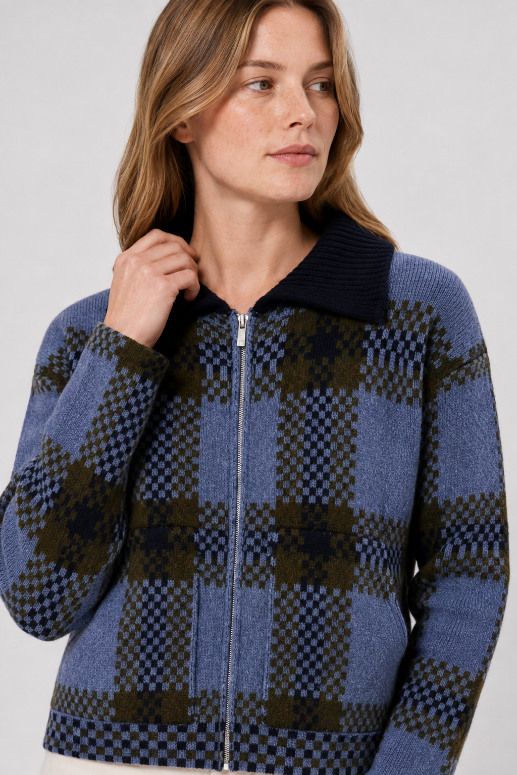 NOMU | Women's Plaid Knit Zip-Up Jacket – Soft Checkered Cardigan Coat