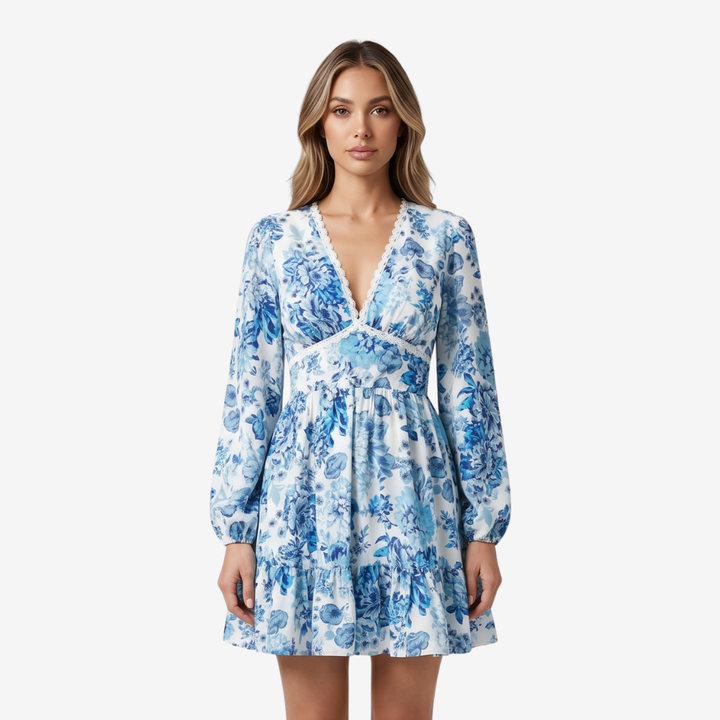 NOMU | Women's Floral Mini Dress – V Neck Long Sleeve Ruffle Hem Design