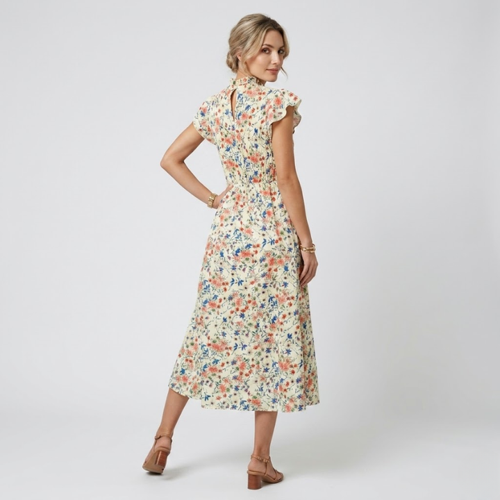 NOMU | Women's Floral Midi Dress – High Neck Flutter Sleeve Smocked Waist Design