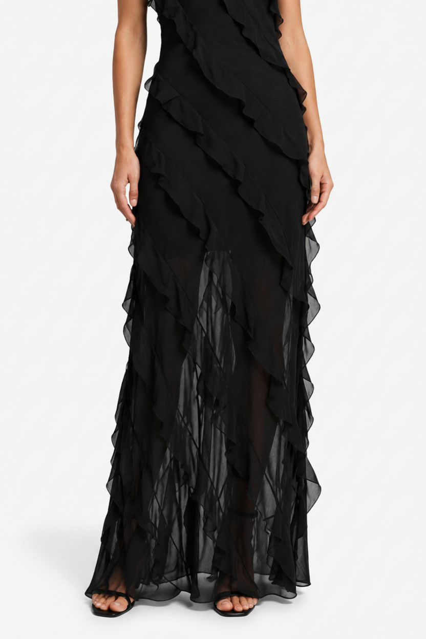 NOMU | Women's Sheer Ruffle Maxi Dress – Elegant Spaghetti Strap Evening Party Dress