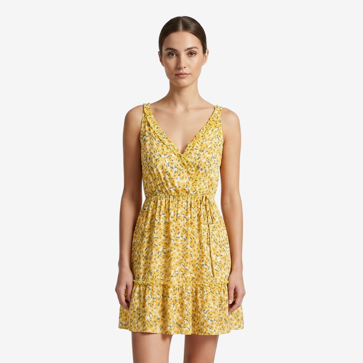 NOMU | Women's Printed Mini Dress – V Neck Ruffle Strap Tie Waist Design