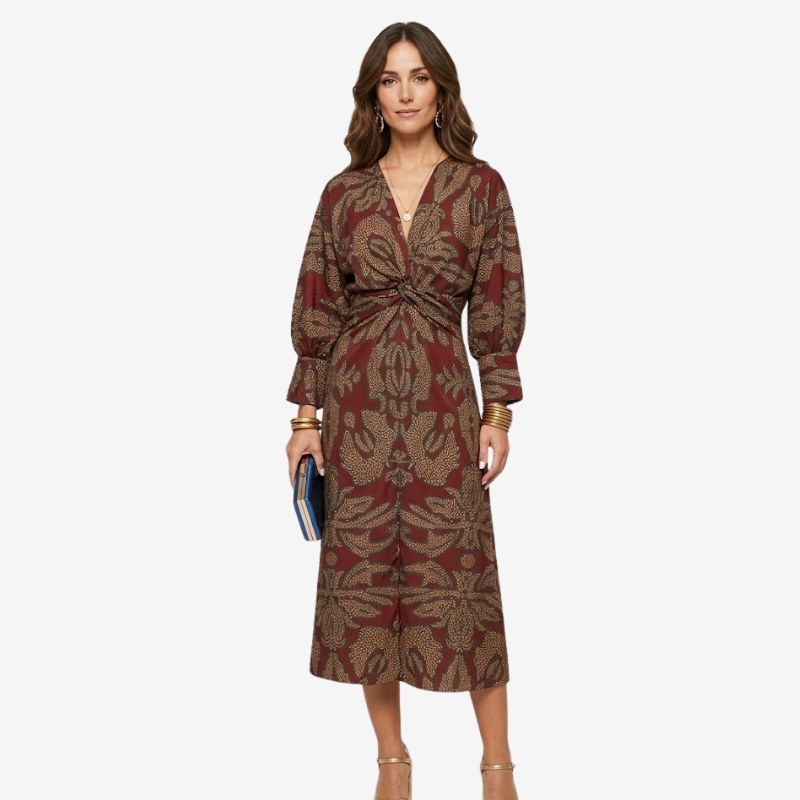 NOMU | Women's Vintage Print Twist Front Midi Dress – Elegant Long Sleeve V-Neck Dress
