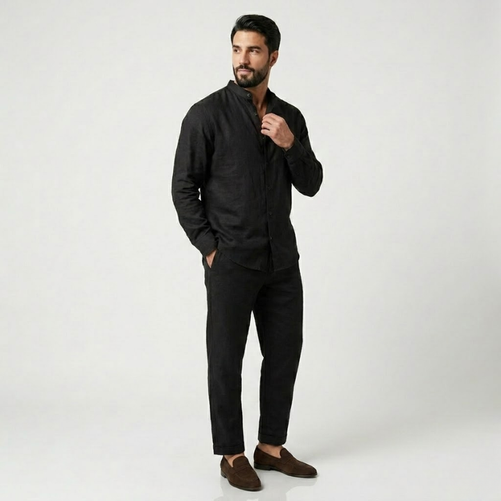 NOMU | Men's Mandarin Collar Linen Button-Down Set – Matching Pants & Drawstring Waist